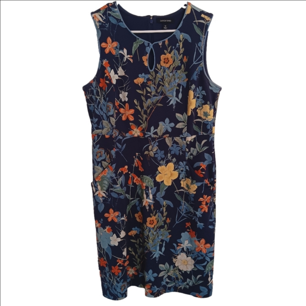 Lands' End Dress Navy Botanical Floral Ponte Knit Keyhole Sheath Flattering 12